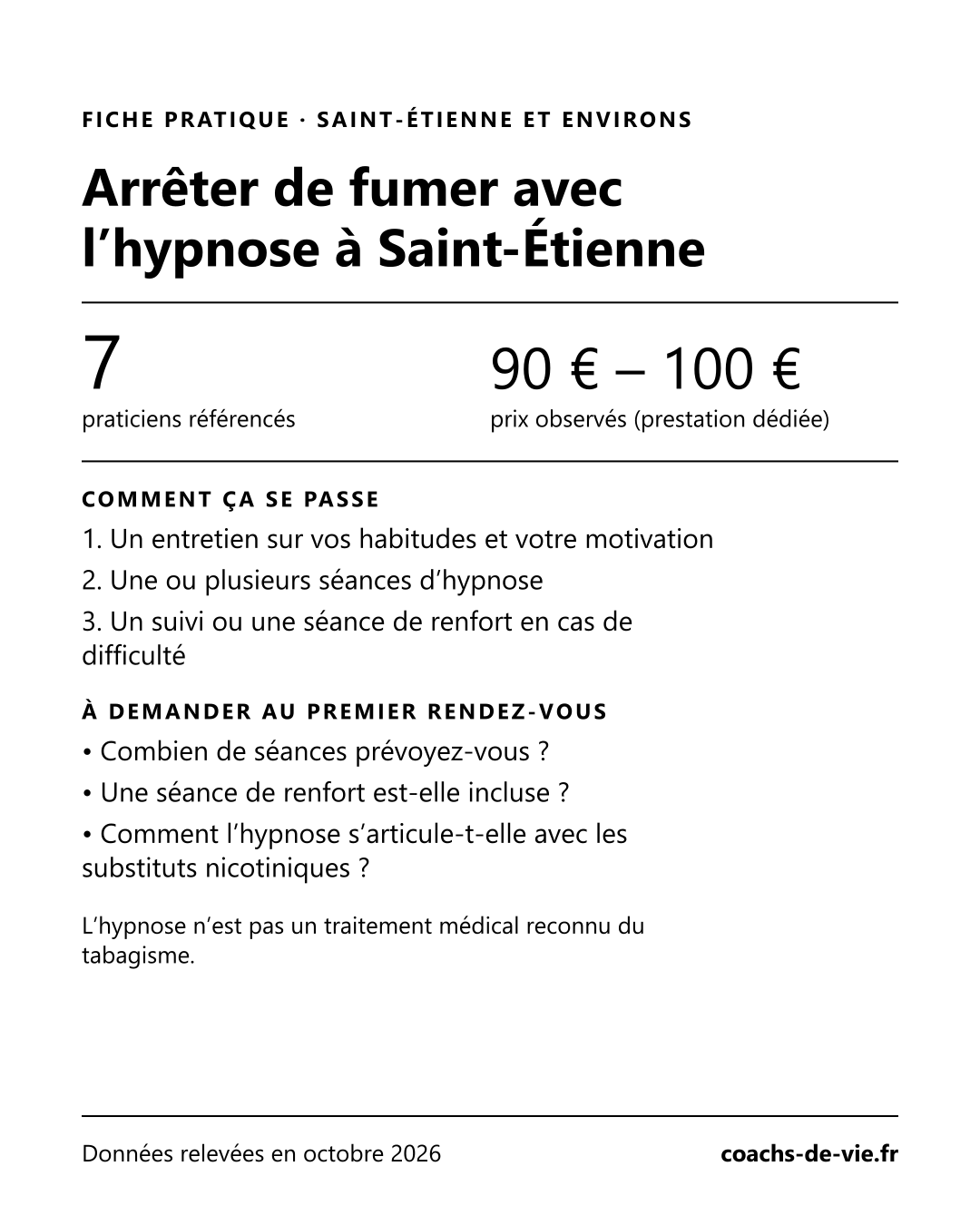 Fiche pratique « Arrêt du tabac par l’hypnose à Saint-Étienne » : nombre de praticiens, prix observés, déroulé de l’accompagnement et questions à poser