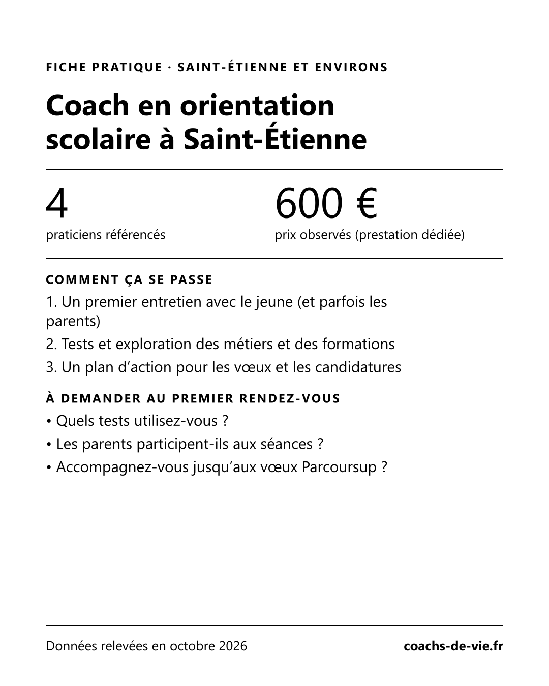 Fiche pratique « Orientation scolaire et Parcoursup à Saint-Étienne » : nombre de praticiens, prix observés, déroulé de l’accompagnement et questions à poser
