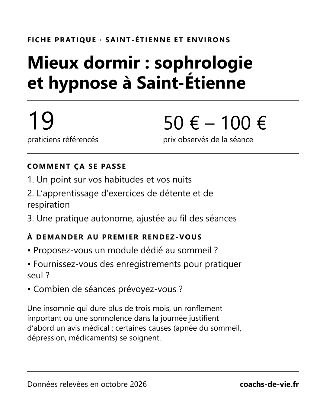 Fiche pratique « Sommeil et insomnie à Saint-Étienne » : nombre de praticiens, prix observés, déroulé de l’accompagnement et questions à poser
