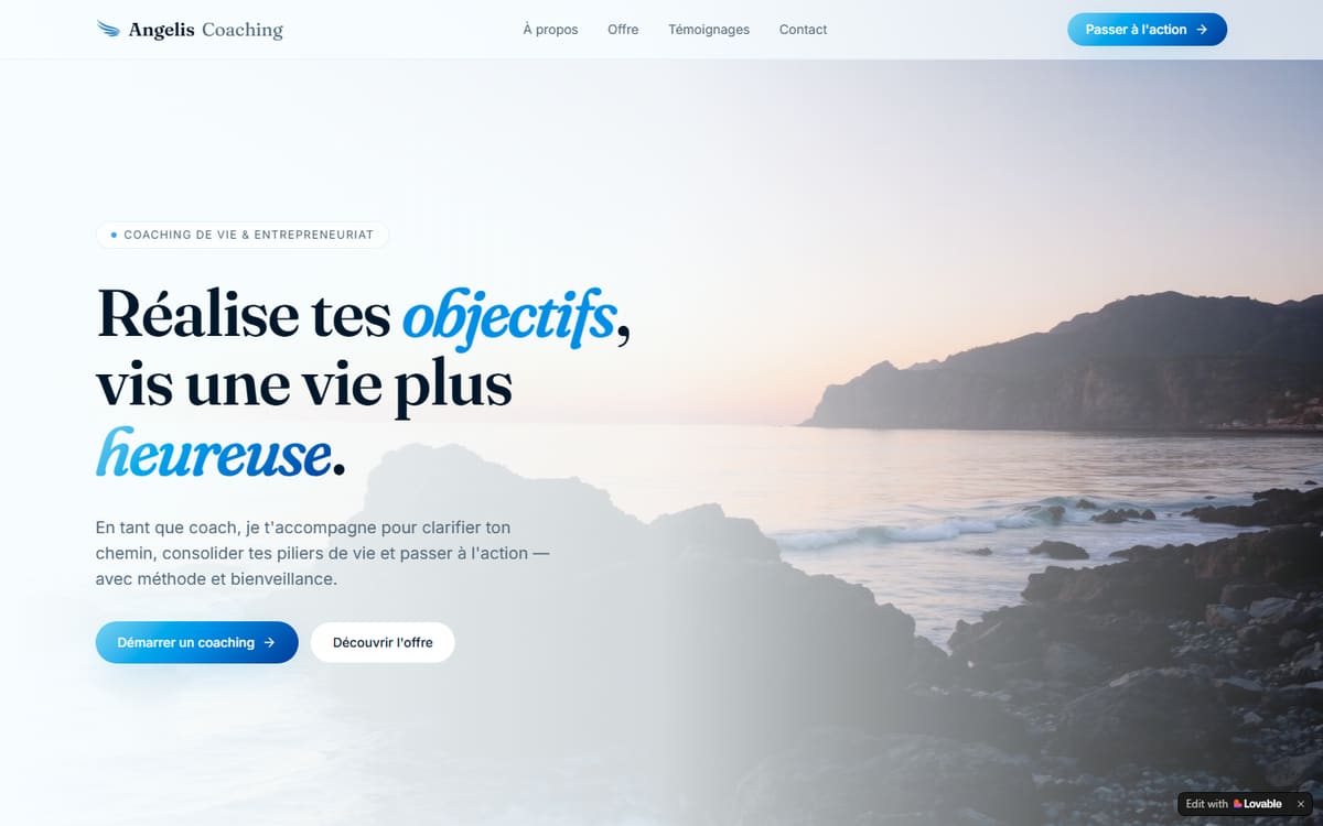 Capture de la page d’accueil du site officiel de Angelis Coaching