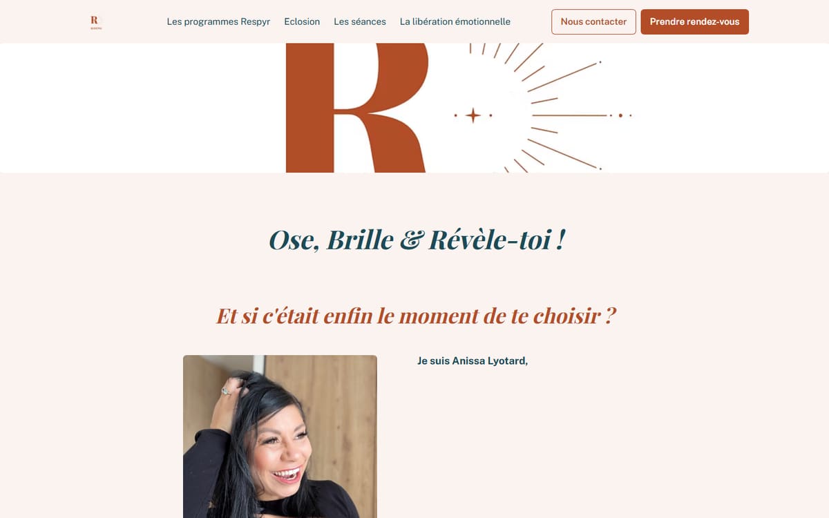 Capture de la page d’accueil du site officiel de Anissa Lyotard - Rayône - Coach en développement personnel