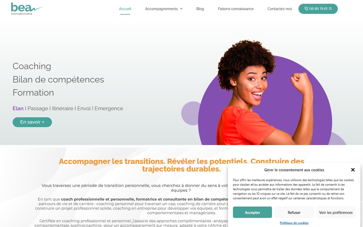 Capture de la page d’accueil du site officiel de Bea Coaching&Consulting