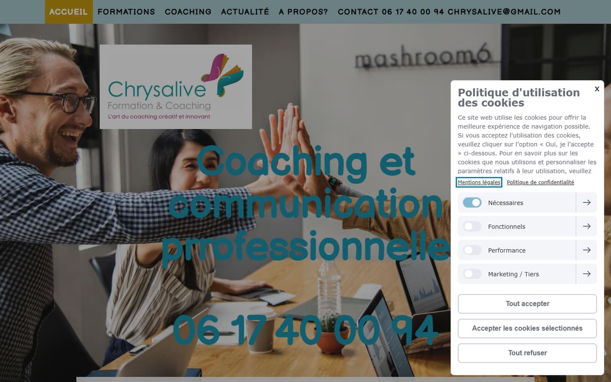 Capture de la page d’accueil du site officiel de Chrysalive Coaching & Formation