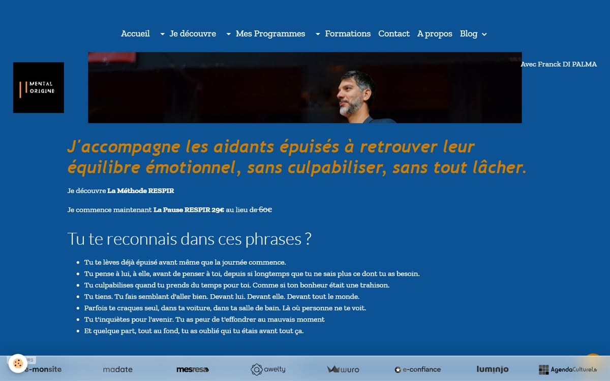 Capture de la page d’accueil du site officiel de Franck DI PALMA Thérapeute en santé mentale Spécialisé en thérapie brève et neuro-hypnotherapieVillars-Saint Etienne-Loire