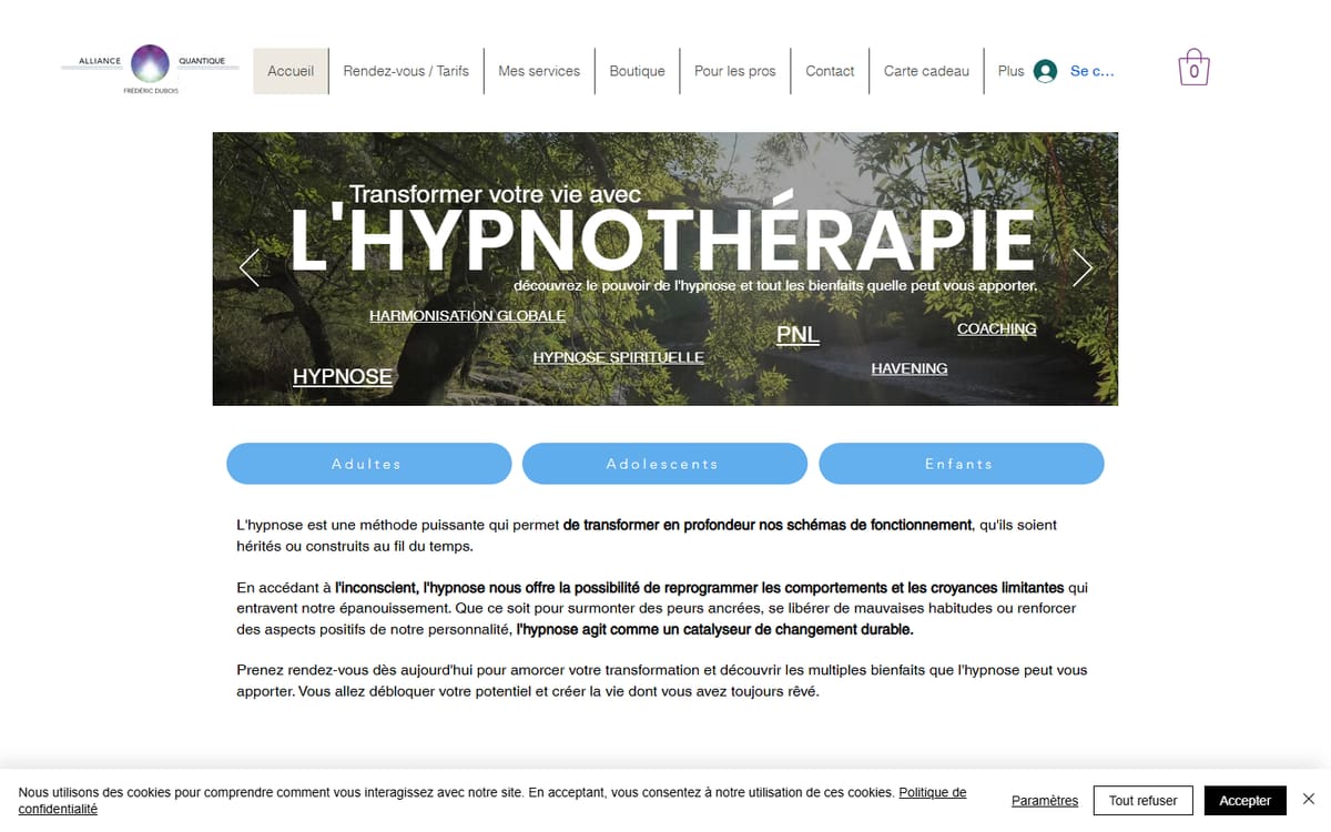 Capture de la page d’accueil du site officiel de Frédéric Dubois - Hypnothérapeute