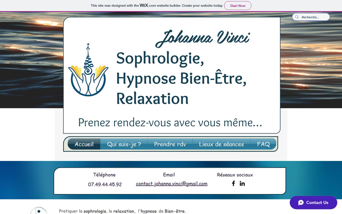 Capture de la page d’accueil du site officiel de Johanna Vinci - Sophrologie, Hypnose Bien-Être, Relaxation