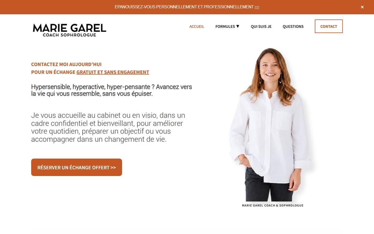 Capture de la page d’accueil du site officiel de Marie Garel ✨ Coaching Sophrologie
