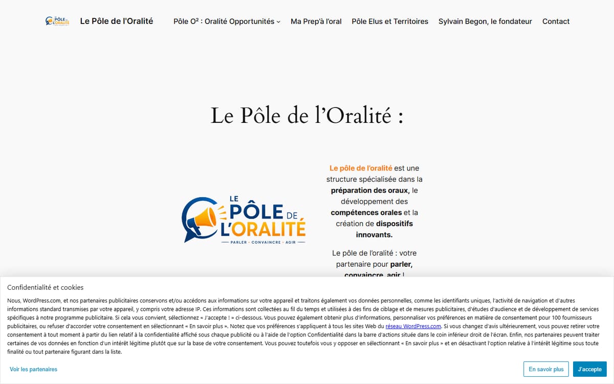 Capture de la page d’accueil du site officiel de Pole De L'oralité