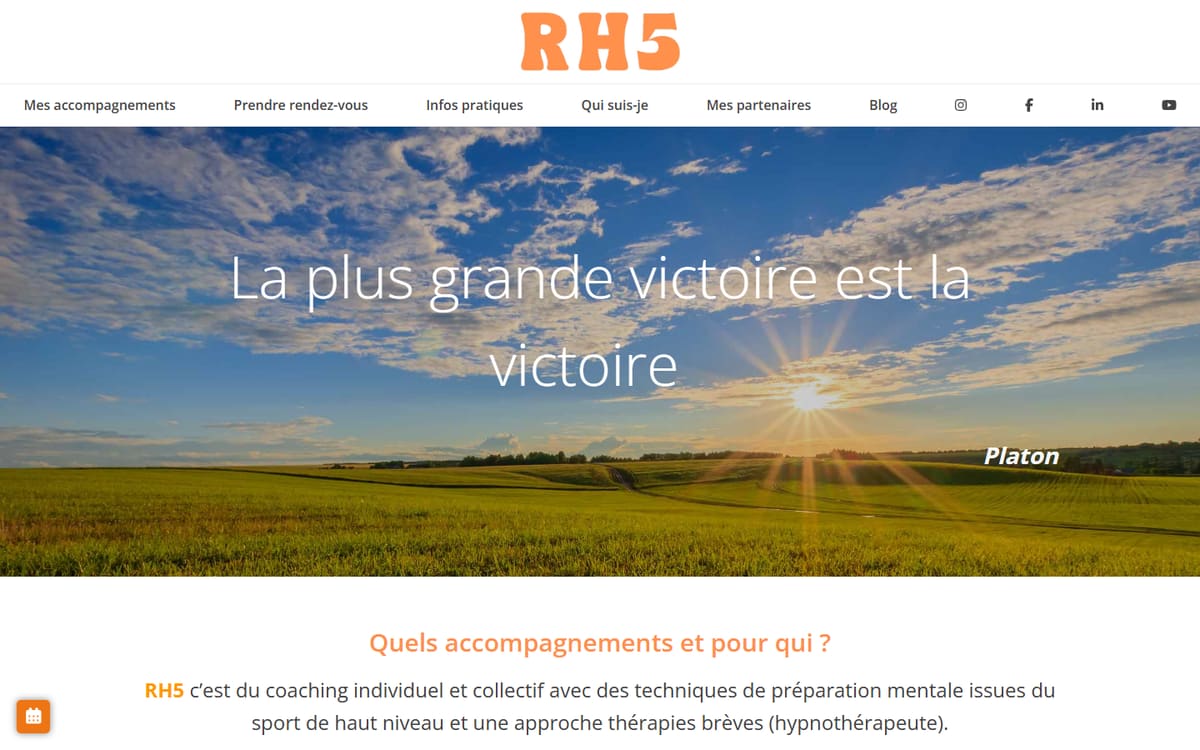 Capture de la page d’accueil du site officiel de RH5 - Préparation mentale, coaching de vie, coaching scolaire, hypnothérapeute
