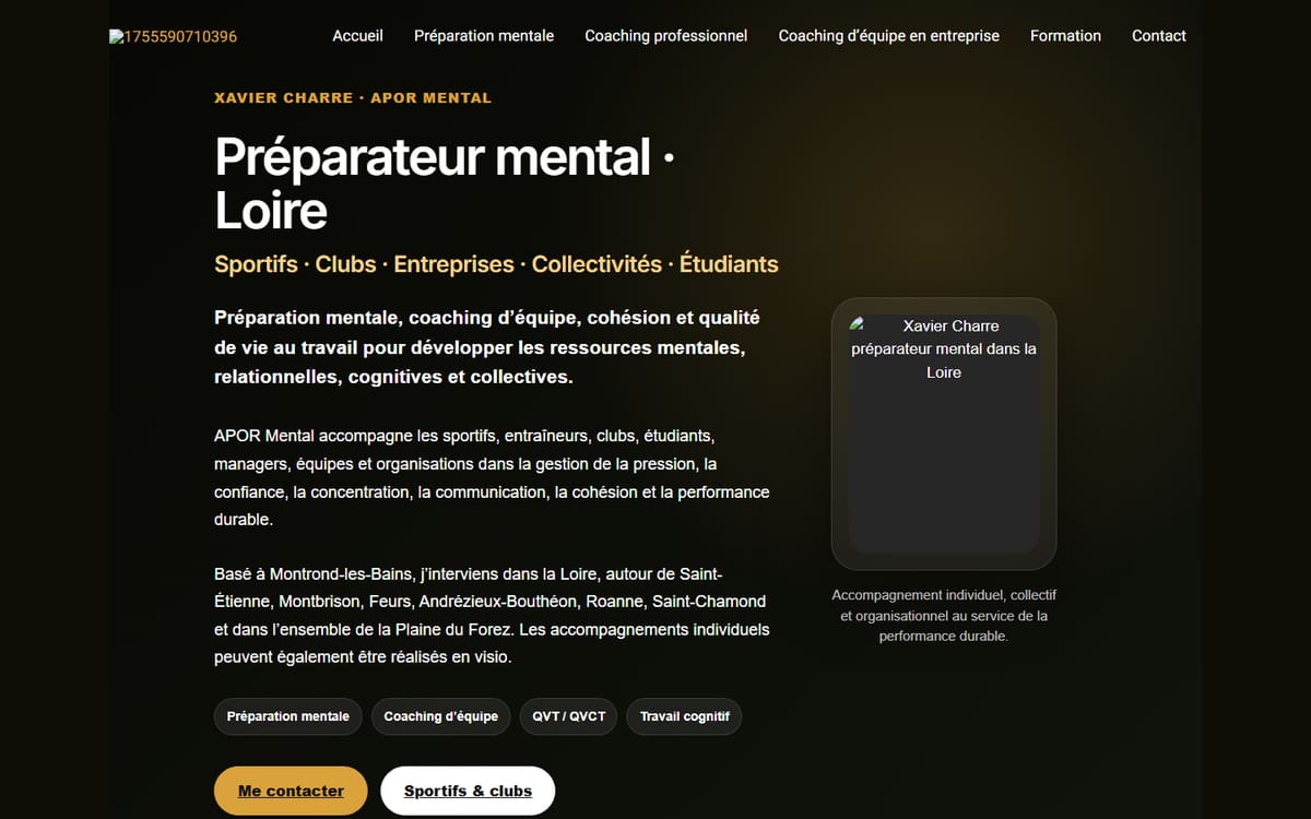 Capture de la page d’accueil du site officiel de Xavier Charre APOR Mental : Préparateur mental individuel et collectif/ Coaching d'équipe, Team Building